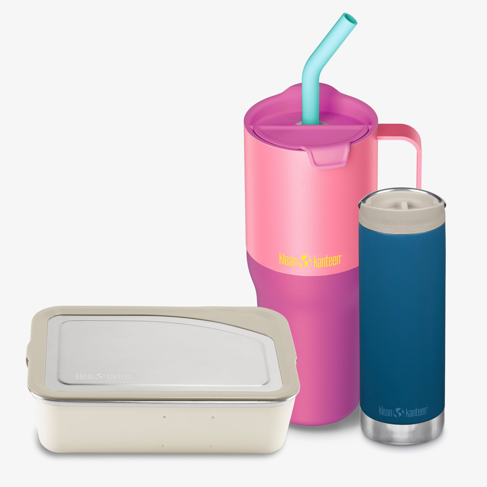 Pink tumbler with straw, beige container, and blue insulated bottle on a white background