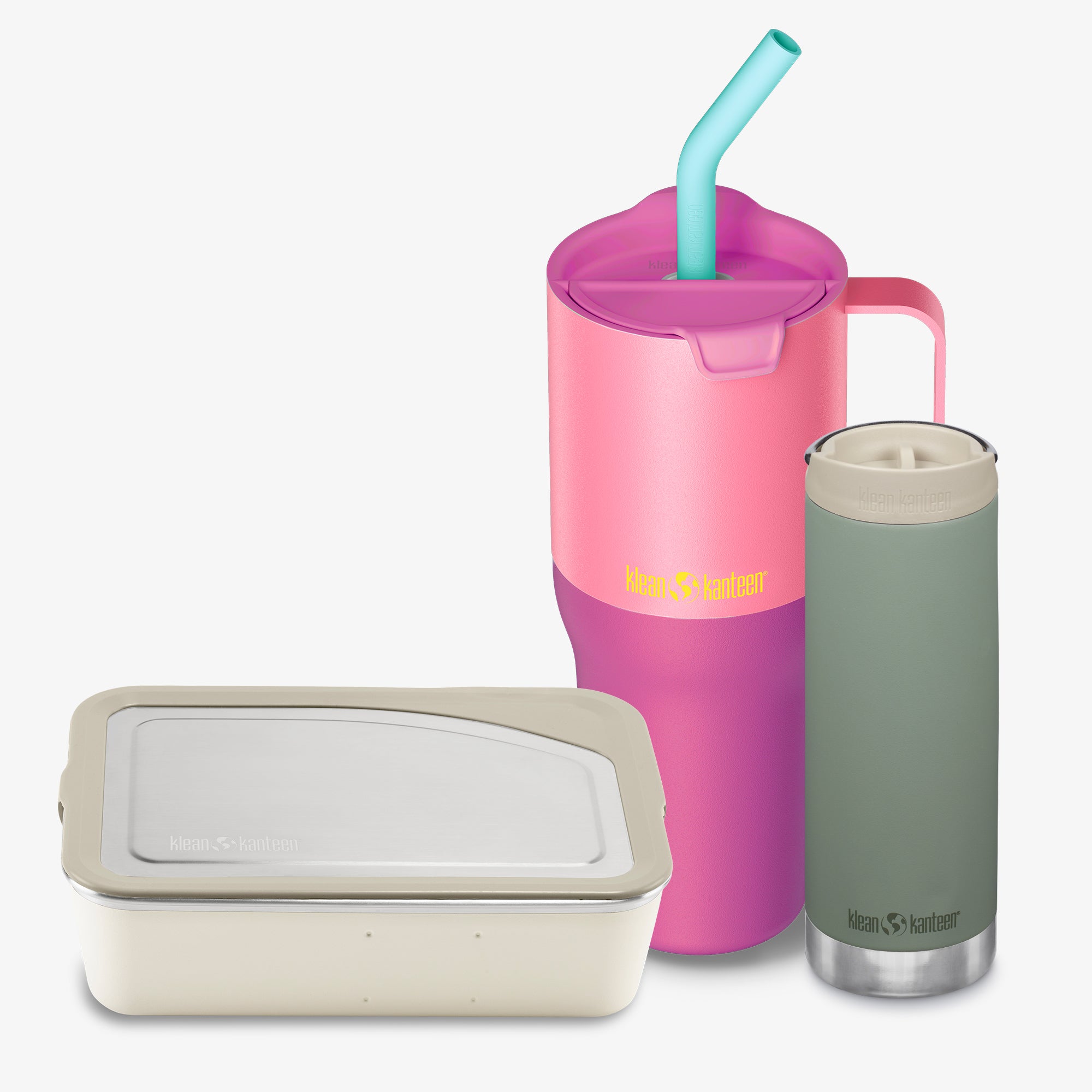 Pink tumbler with straw, beige container, and gray insulated cup on a white background