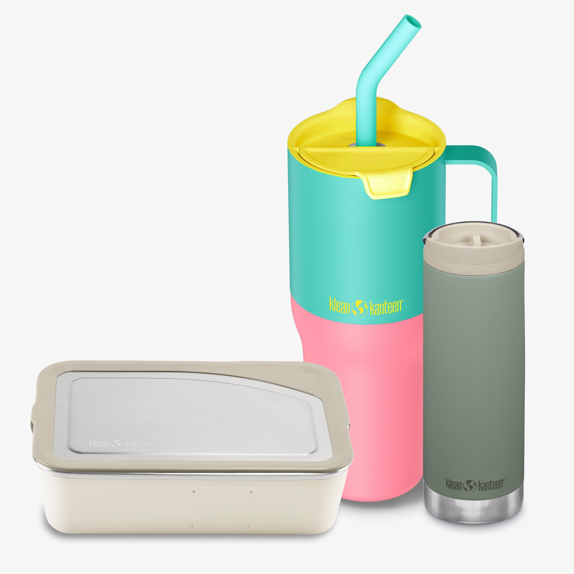 Colorful insulated tumblers and a food container with a visible brand logo on a white background.