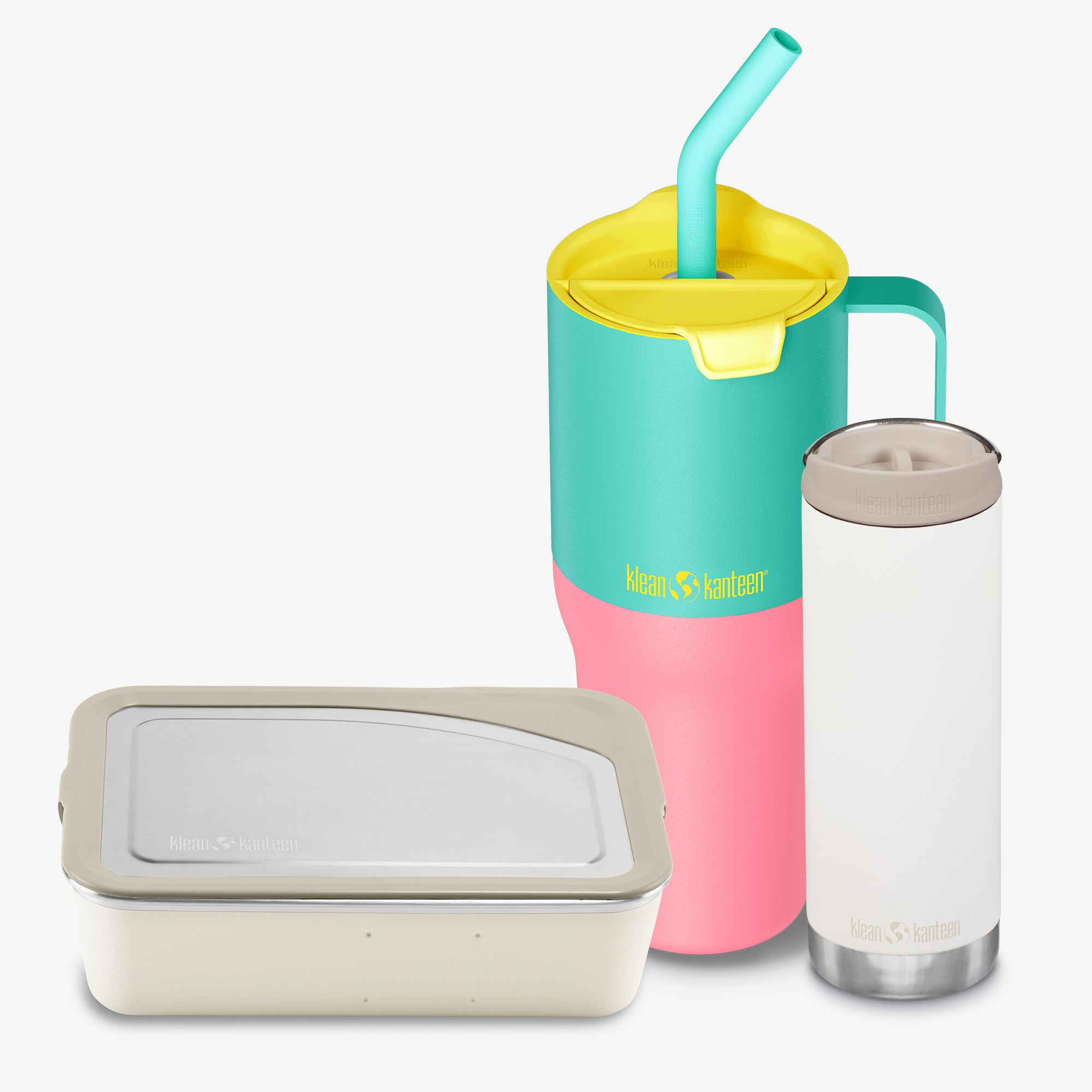 Set of colorful reusable cups and a container with a visible brand logo on a white background.