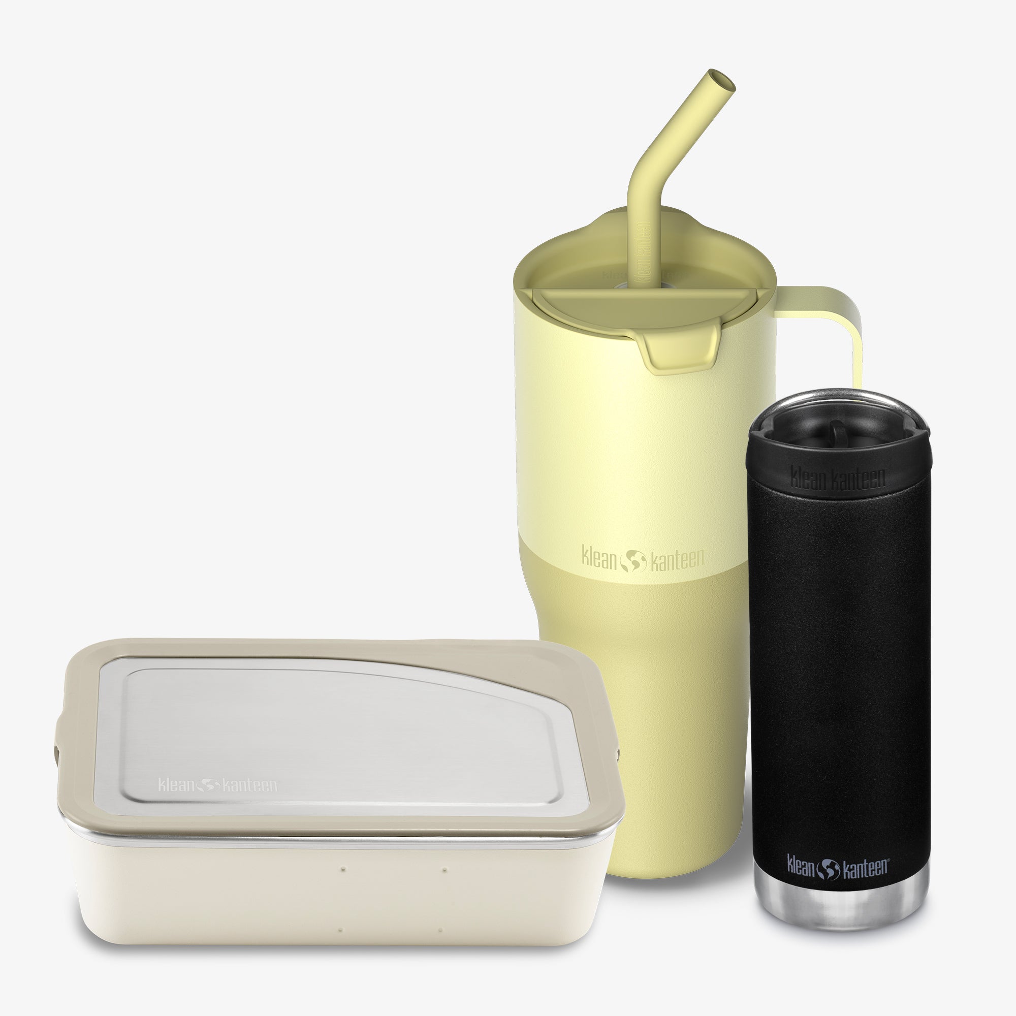 Set of three insulated containers with a straw lid and black container on a white background