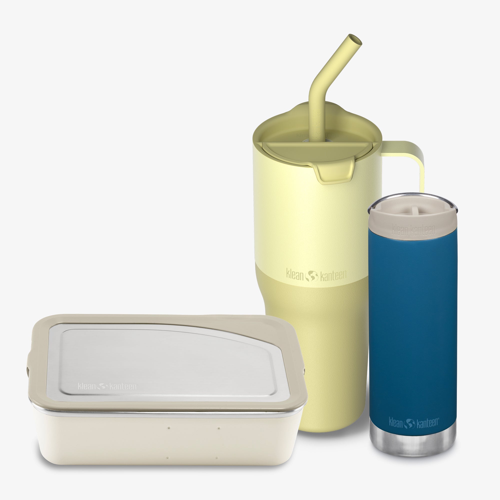 Set of three insulated containers with a yellow tumbler, beige container, and blue tumbler on a white background.