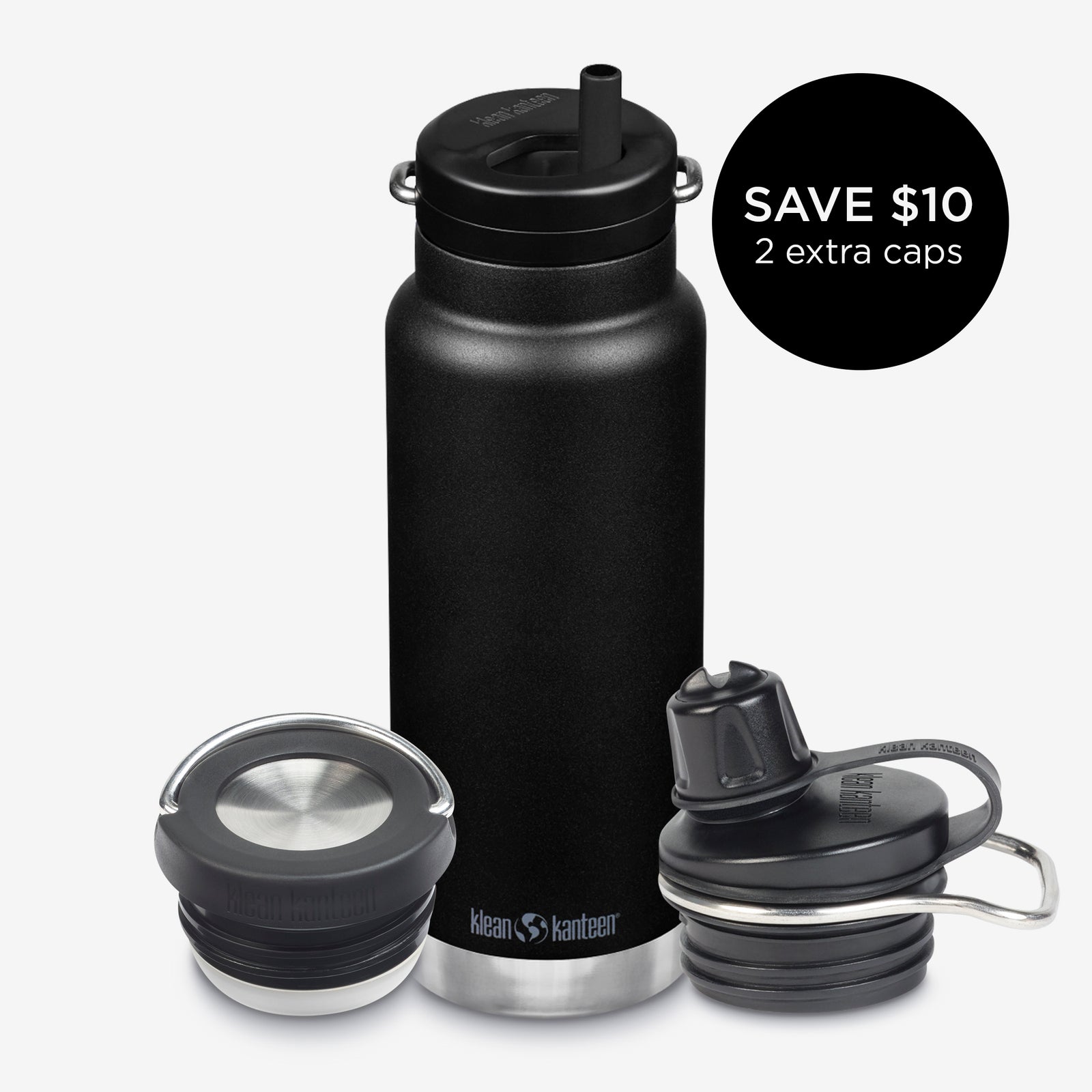 klean kanteen Insulated Wide 473ml ブラック Insulated Water Bottle Bundle, 32oz TKWide with 3 caps