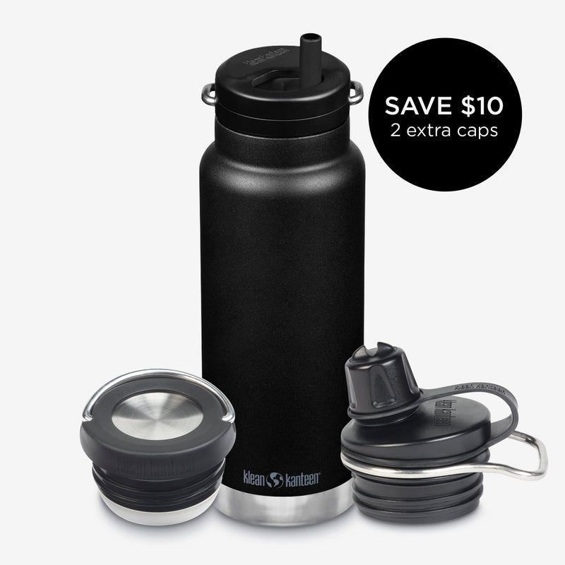 32oz water bottle bundle with 3 caps - black