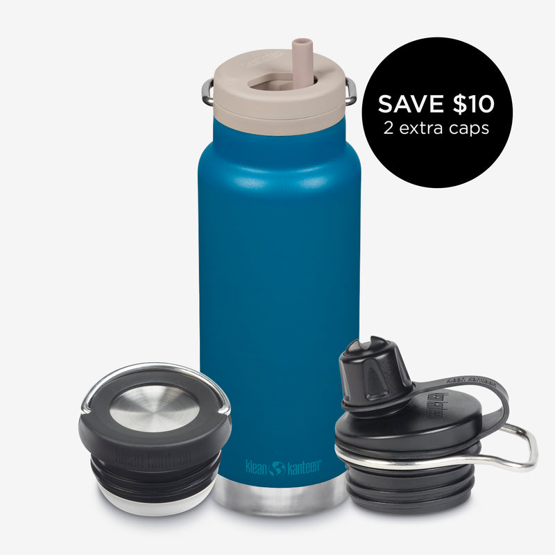 32oz water bottle bundle with 3 caps - blue