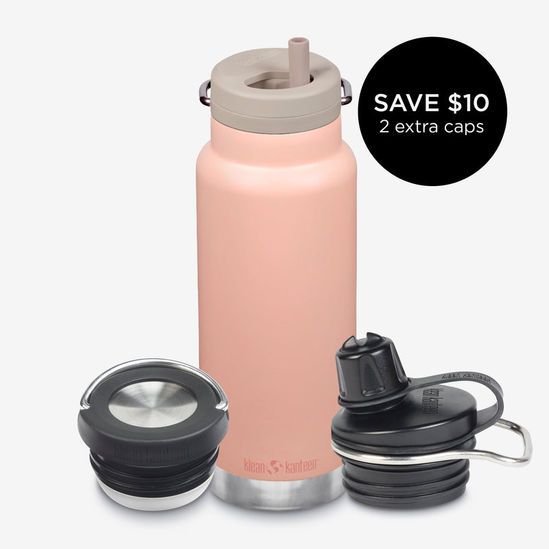 32oz water bottle bundle with 3 caps - peach