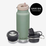 32oz water bottle bundle with 3 caps - green