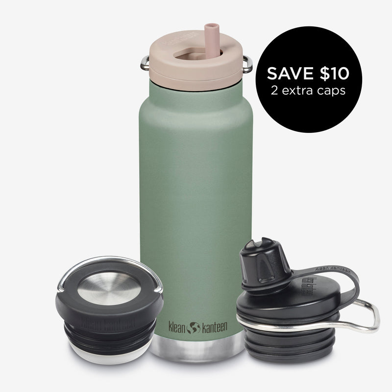 32oz water bottle bundle with 3 caps - green