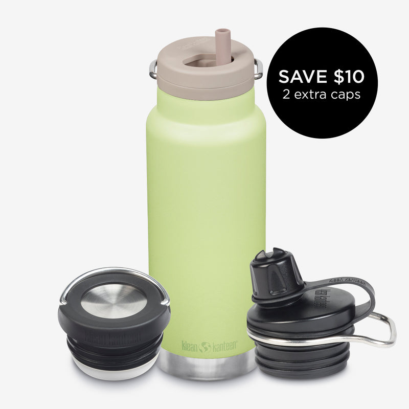 32oz water bottle bundle with 3 caps - lime green
