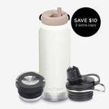 32oz water bottle bundle with 3 caps - white