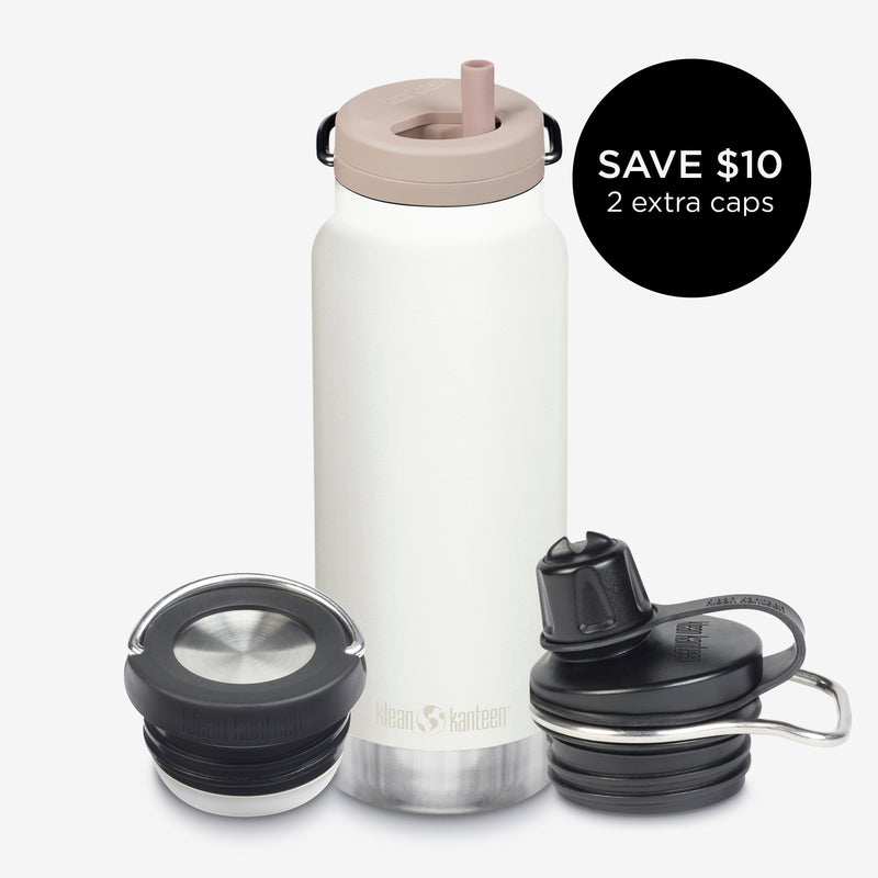 32oz water bottle bundle with 3 caps - white