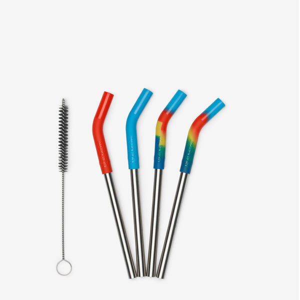 Stainless Steel Set of 4 Reusable Metal Straws w/ Silicone Tips